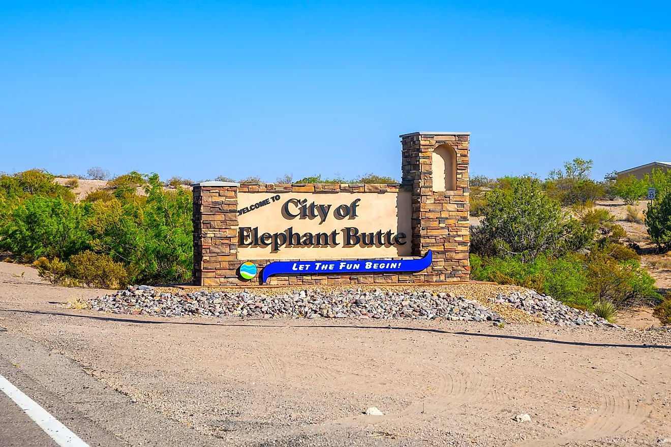  welcoming signboard at the entry point of Elephant Butte, New Mexico. Editorial credit: Cheri Alguire / Shutterstock.com.