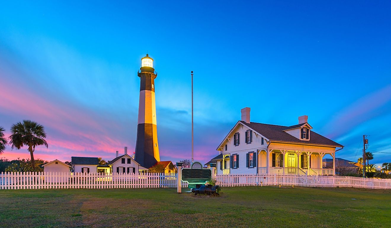 View of the lighthouse on Tybee Island, Georgia, at dusk.