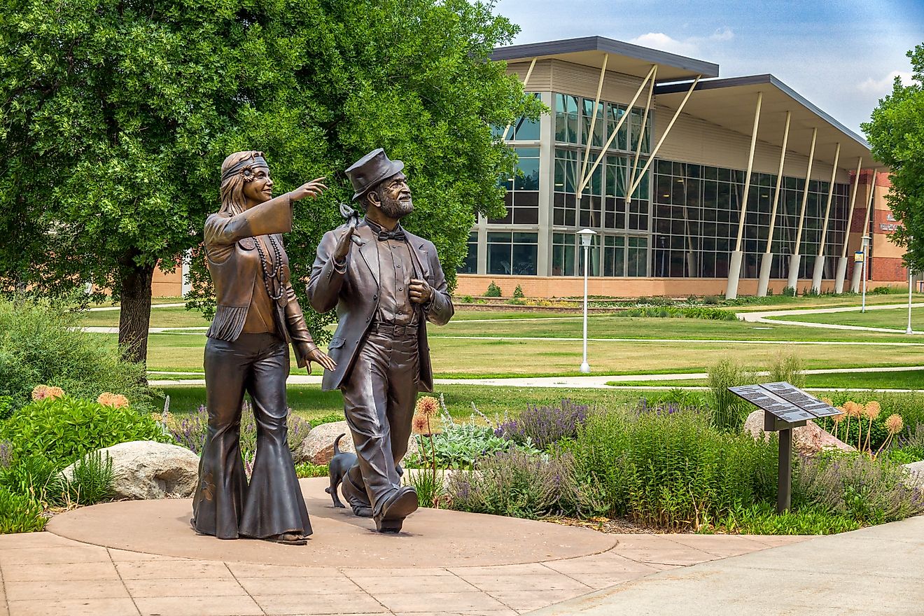 BROOKINGS, SD, USA - JUNE 21, 2023: Weary Willy-The Spirit Lives and Dirty Lil and Women in Hobo Day Statues on the campus of South Dakota State University. Editorial credit: Ken Wolter / Shutterstock.com