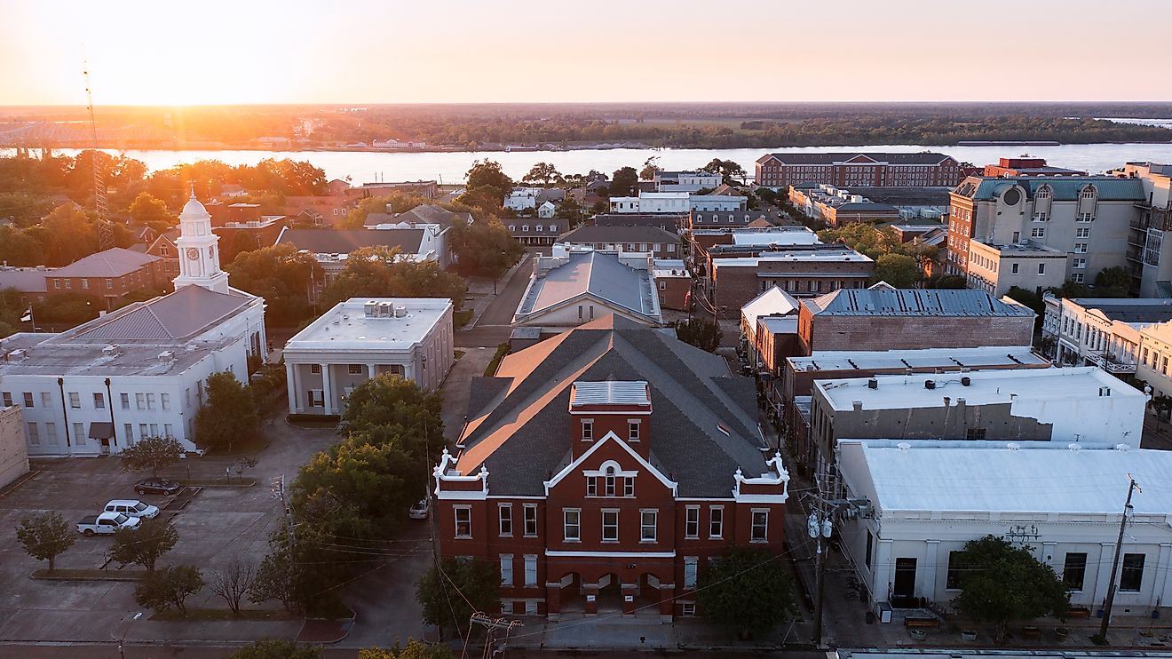 Sunset bathes historic downtown Natchez, Mississippi.