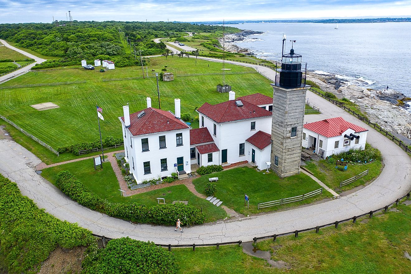 Aerial view of the Beavertail Lighthouse in Narragansett, Rhode Island.