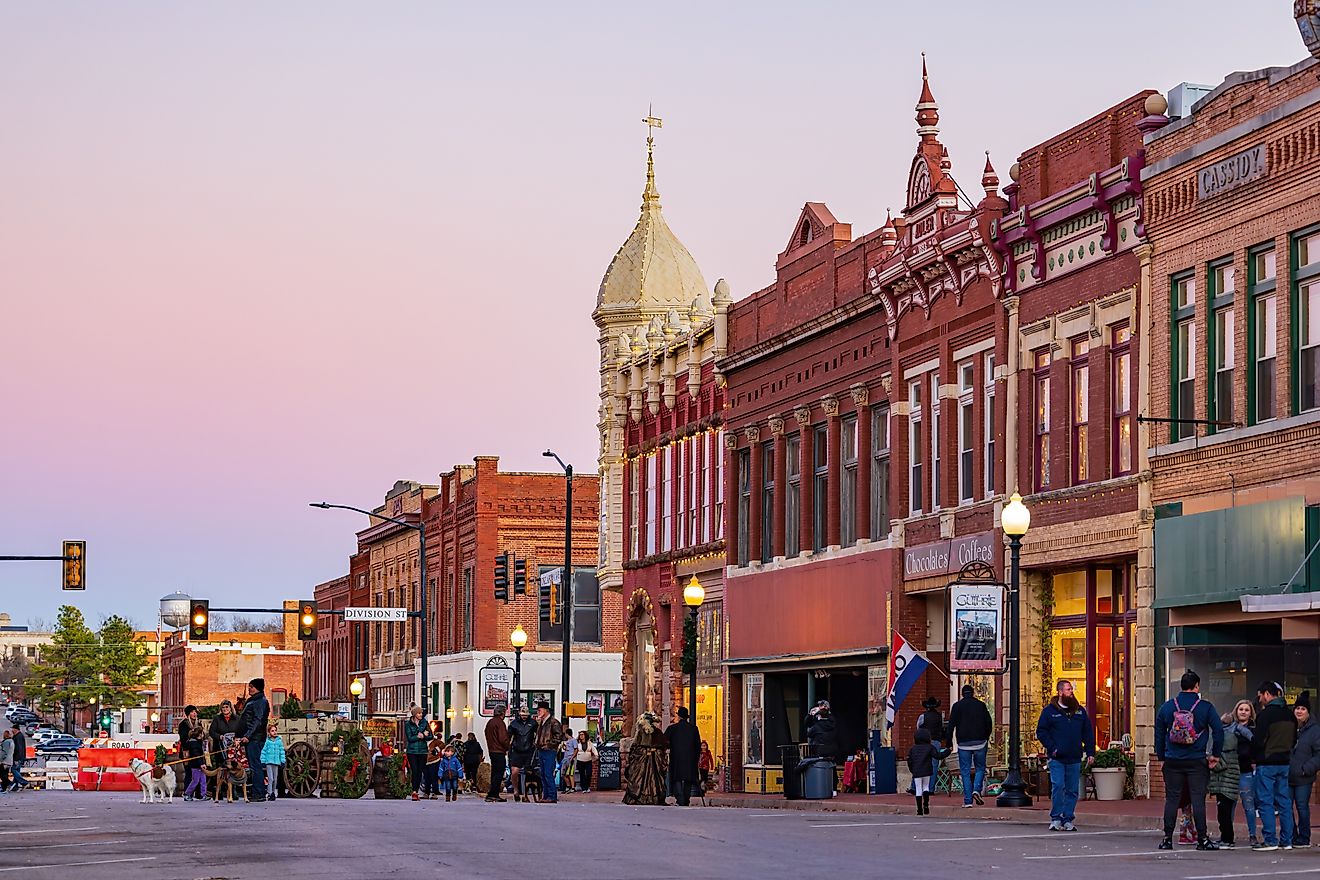 Historic buildings lined along a street in Guthrie, Oklahoma. Editorial credit: Kit Leong / Shutterstock.com