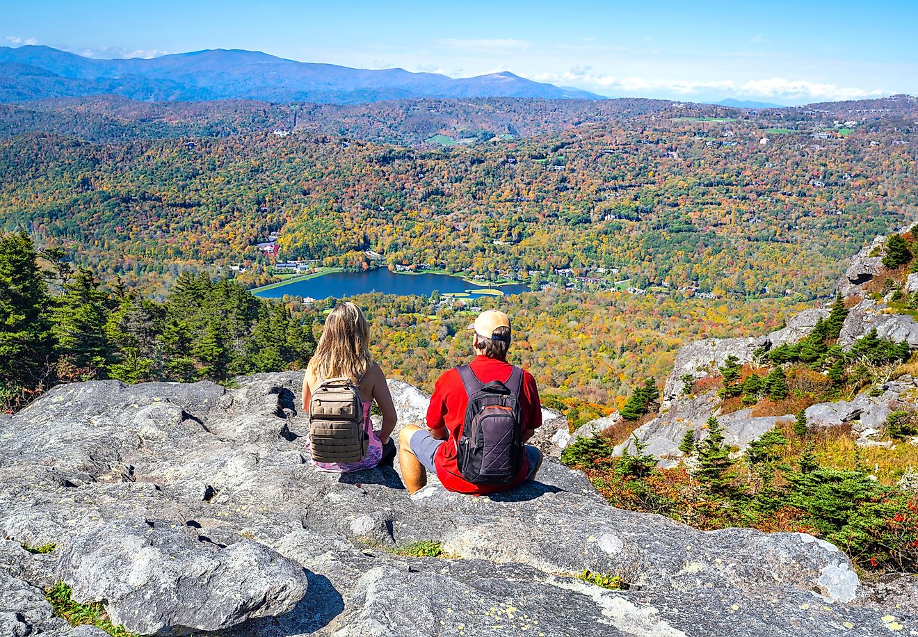 Vew of fall colors in Banner Elk, North Carolina, from atop a mountain.