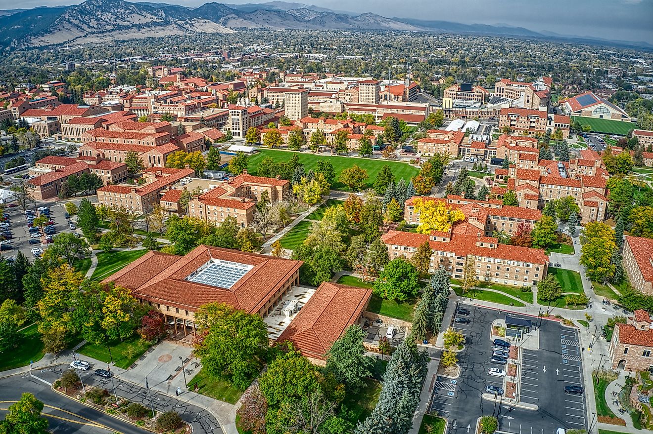 Aerial view of the University of Colorado campus in Boulder, Colorado.