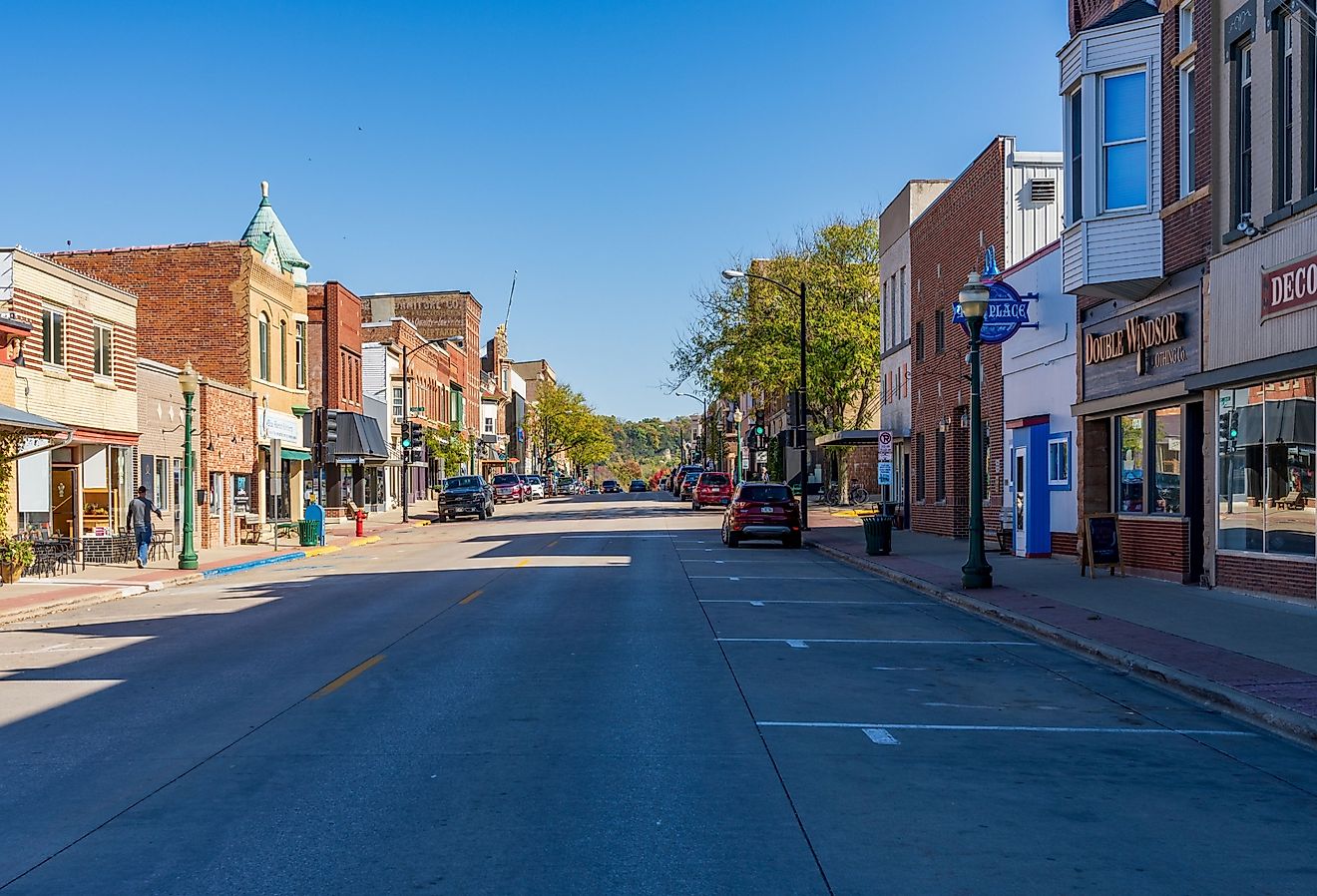 Shops and stores on W Water Street n Decorah, Iowa. Image credit Steve Heap via Shutterstock.