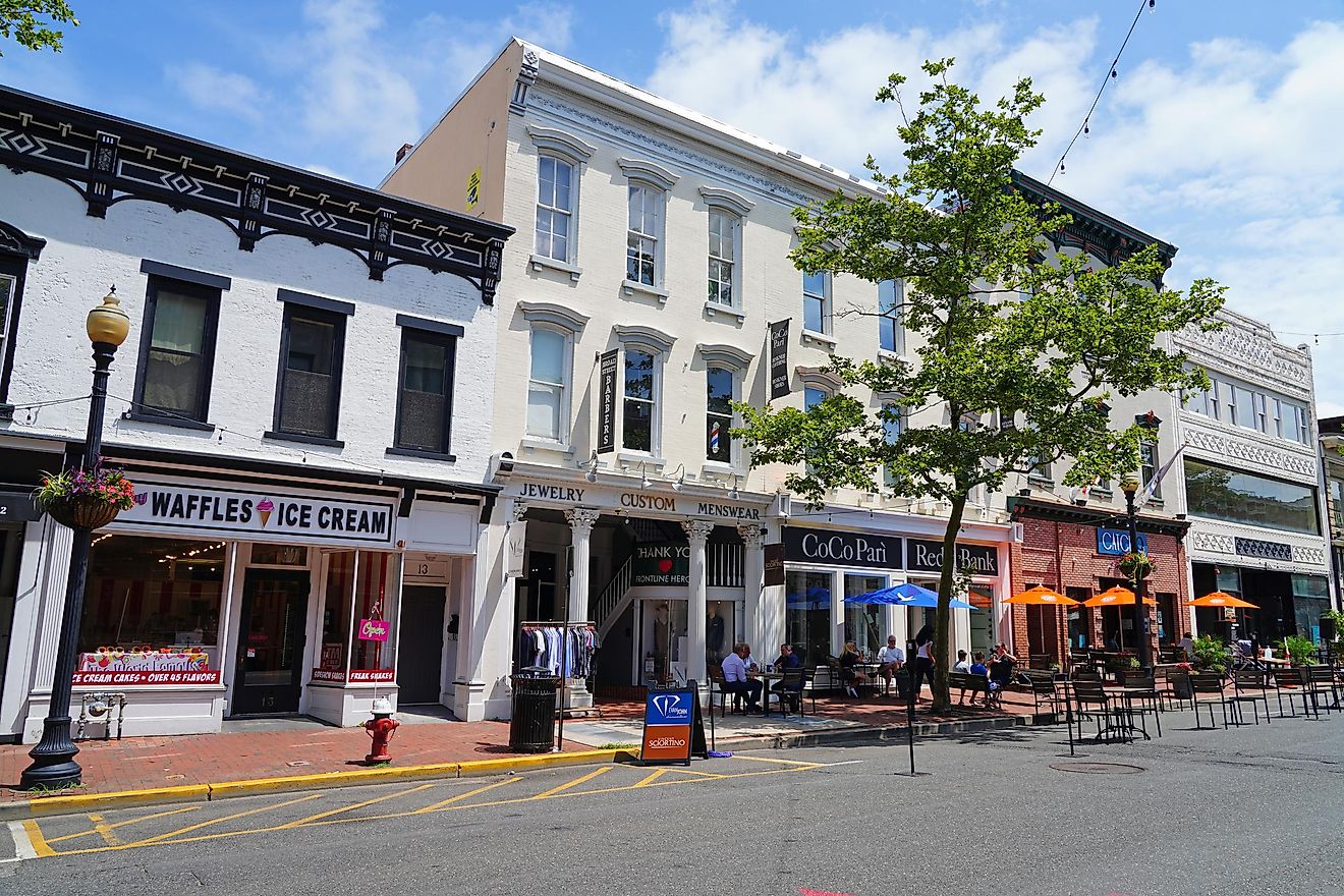 View of downtown buildings on Broad Street in the town of Red Bank, Monmouth County, New Jersey.