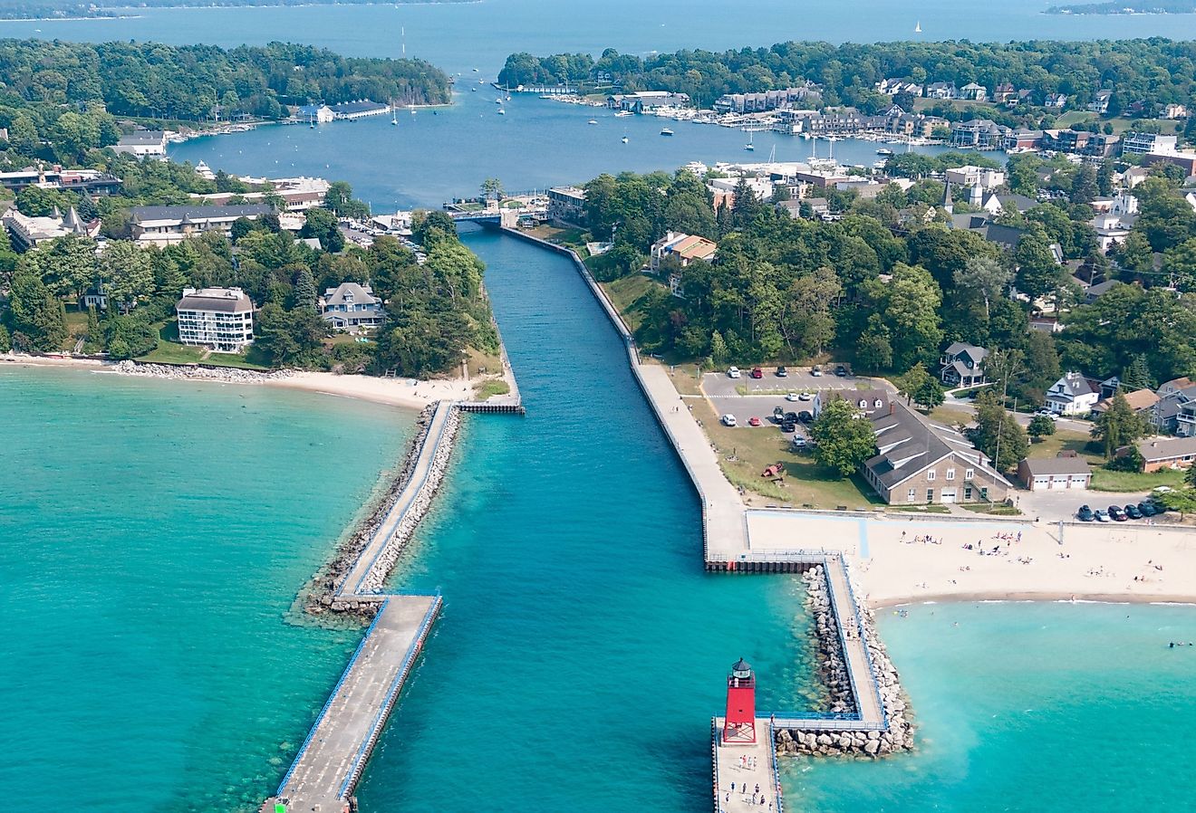 Aerial view of the Round Lake Channel in Charlevoix, Michigan