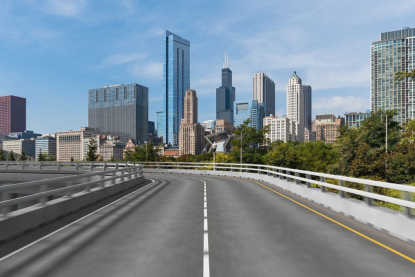 View of Chicago, Illinois, from an asphalt road. 