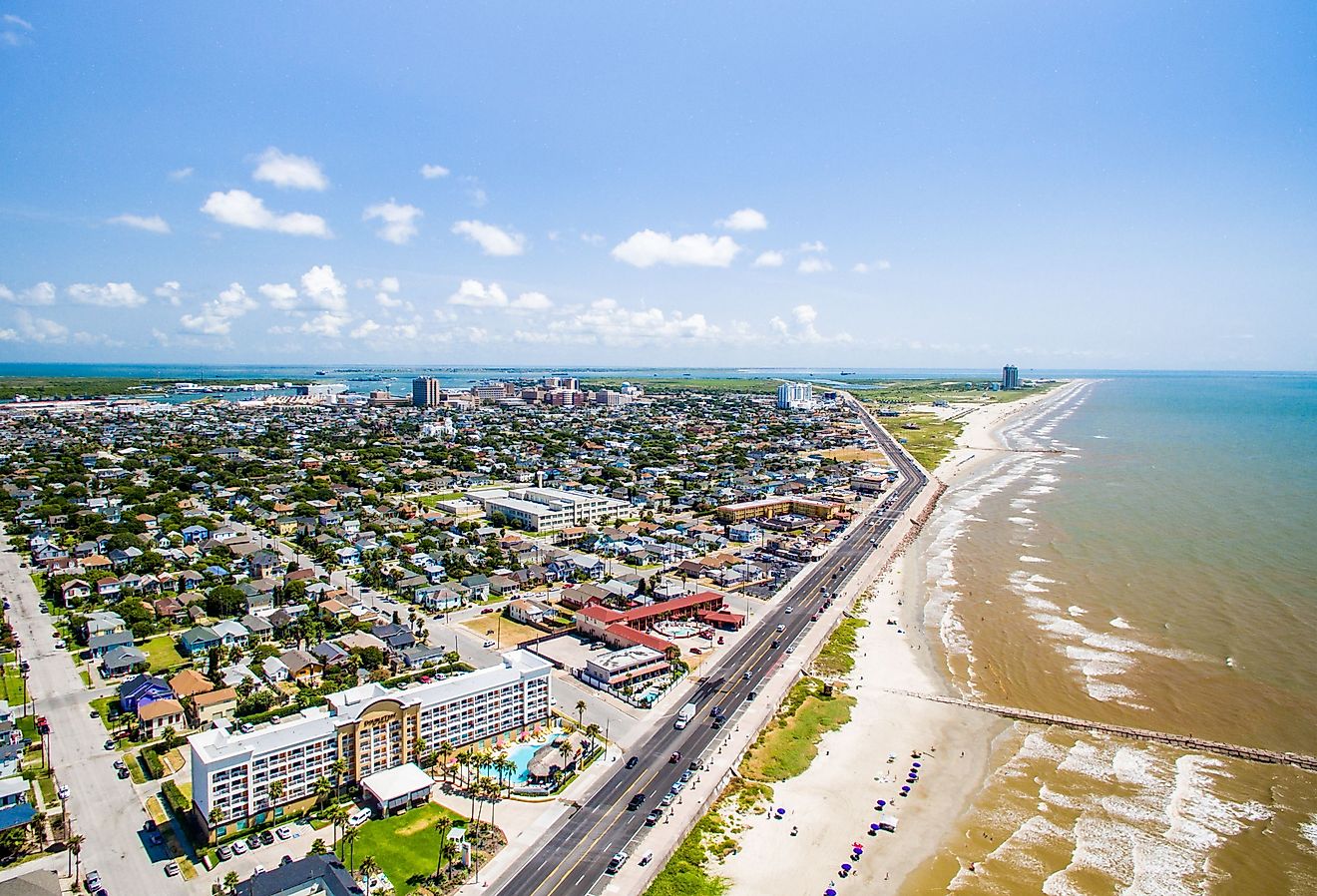 Flying over Galveston Sea Wall and Beach in Texas.