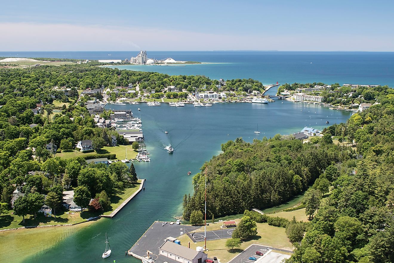 Aerial View of Round Lake in Charlevoix, Michigan, USA, Early Summer with Boat Traffic.