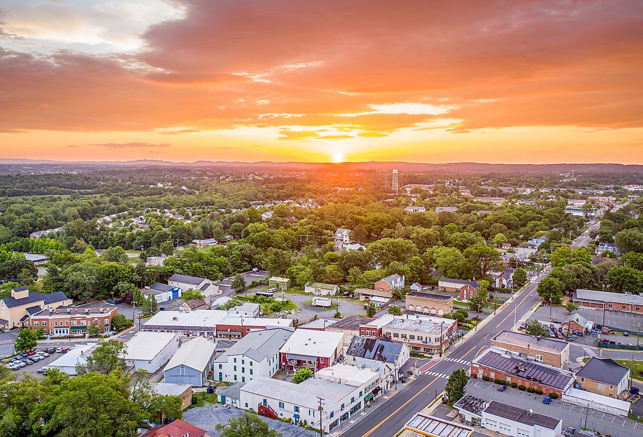 Aerial view of the sunrise over Purcellville, Virginia.