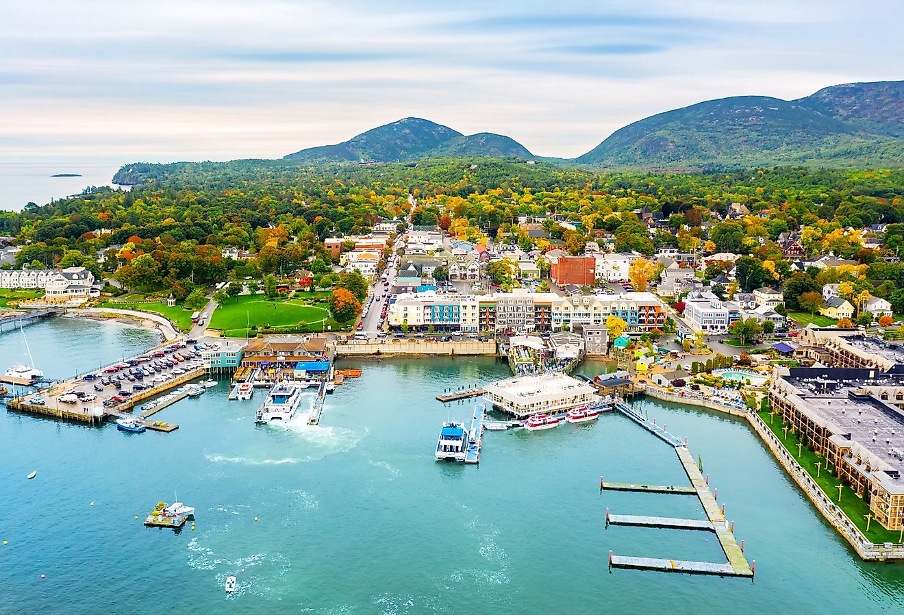 Aerial view of Bar Harbor, Maine in the fall.