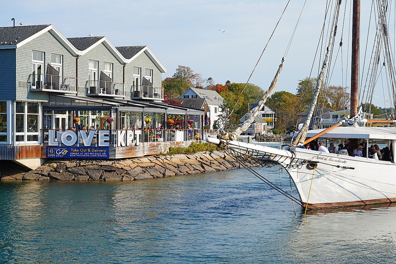 View of buildings in Kennebunkport, a coastal town in York County, Maine, known as the home of the Bush family. Editorial credit: EQRoy / Shutterstock.com