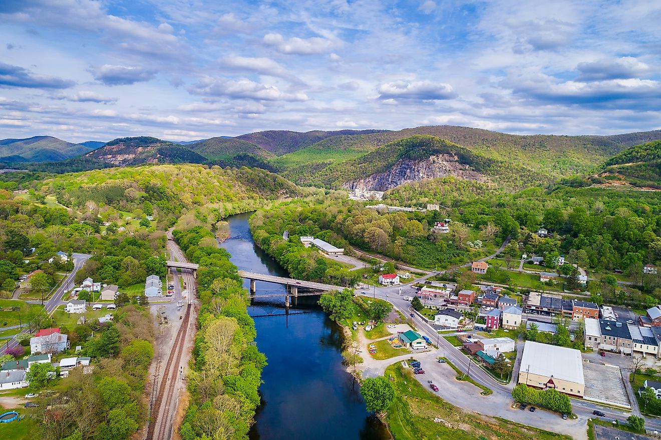 Aerial view of the James River and surrounding mountains in Buchanan, Virginia.