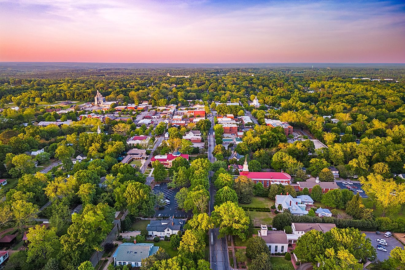 Overlooking the downtown historic district of Madison, Georgia, USA, at dusk.