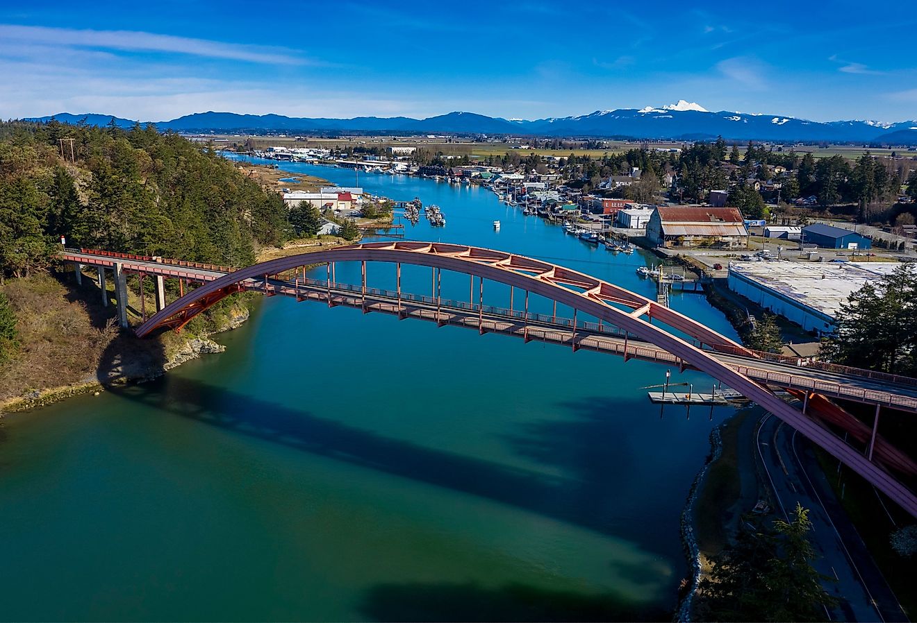 Aerial view of Rainbow Bridge in the Town of La Conner, Washington.