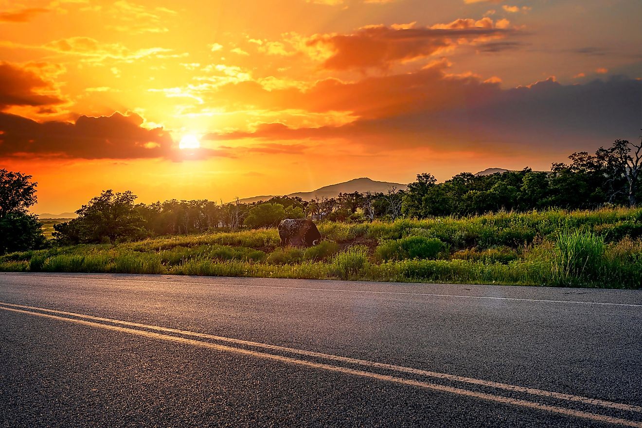 Oklahoma landscape at sunset. Wichita Mountain Wildlife Preserve, Lawton, Oklahoma, United States. 