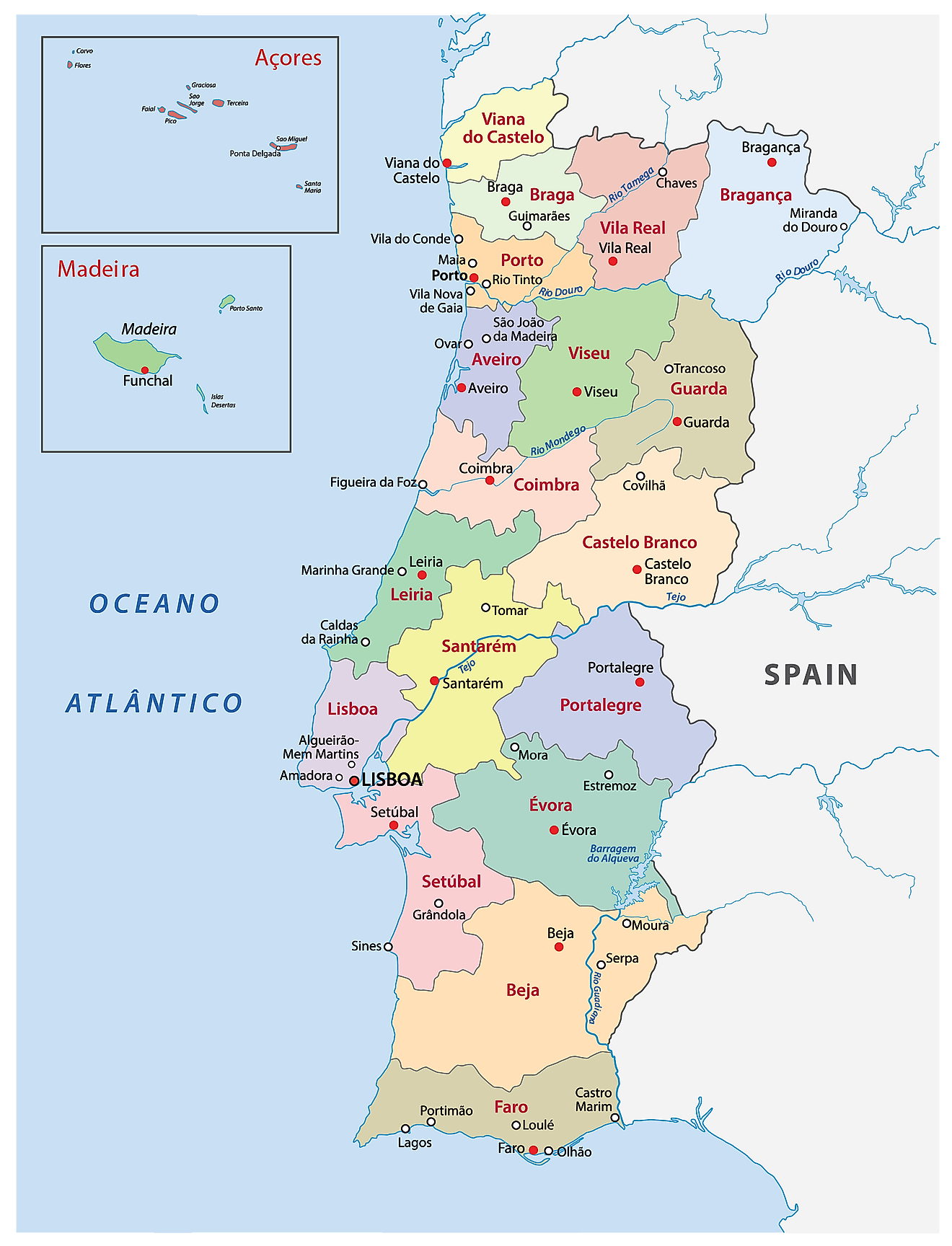 The detailed map of the Portugal with regions or states and cities