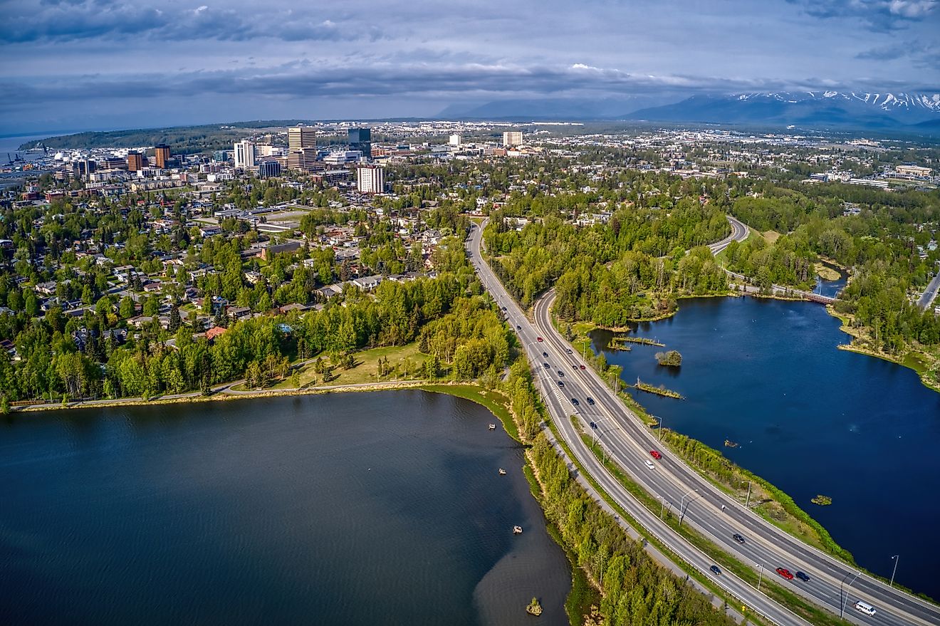 Aerial view of downtown Anchorage, Alaska.