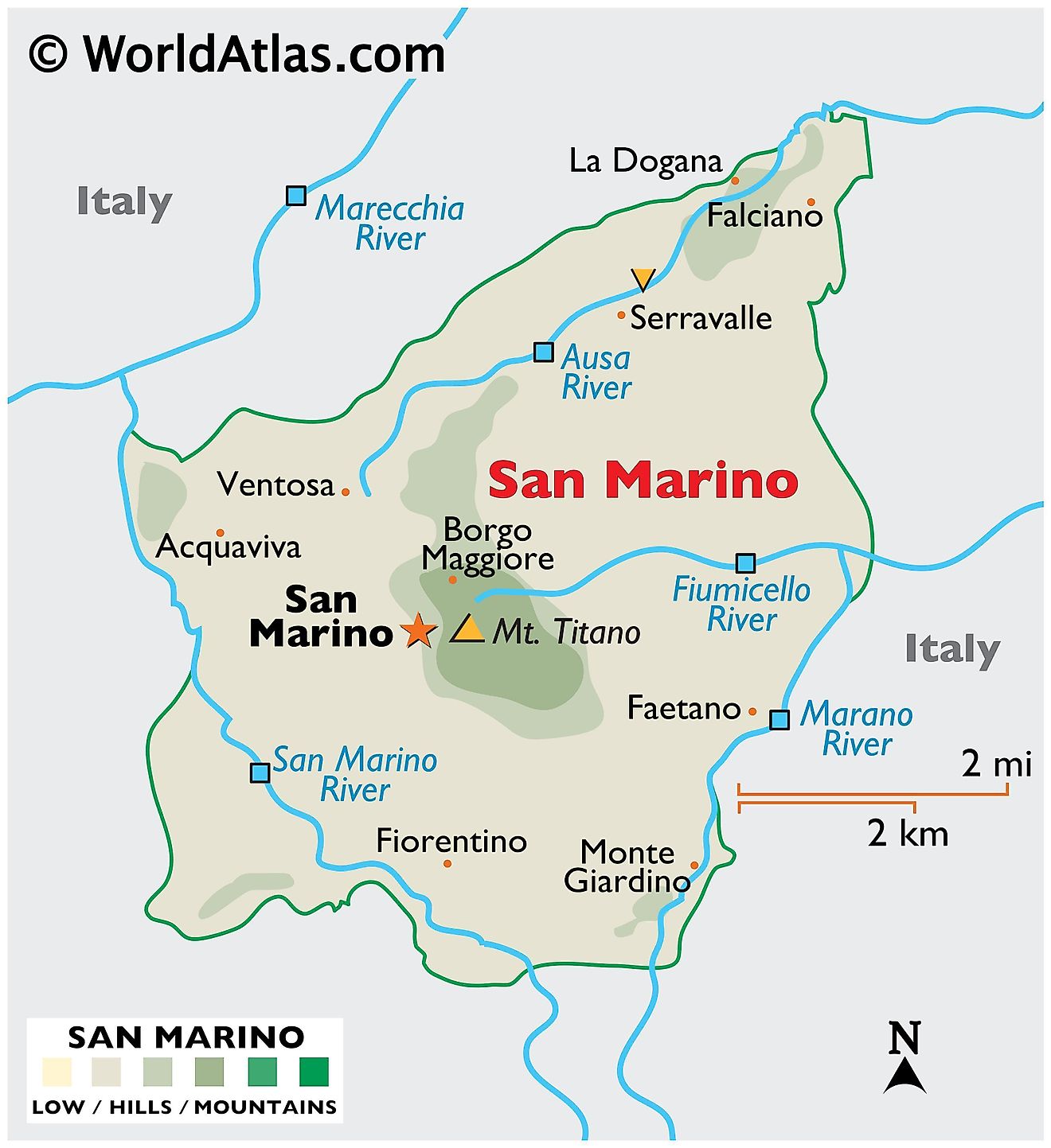 Mapa Físico de San Marino mostrando su relieve, puntos extremos, ríos, etc.