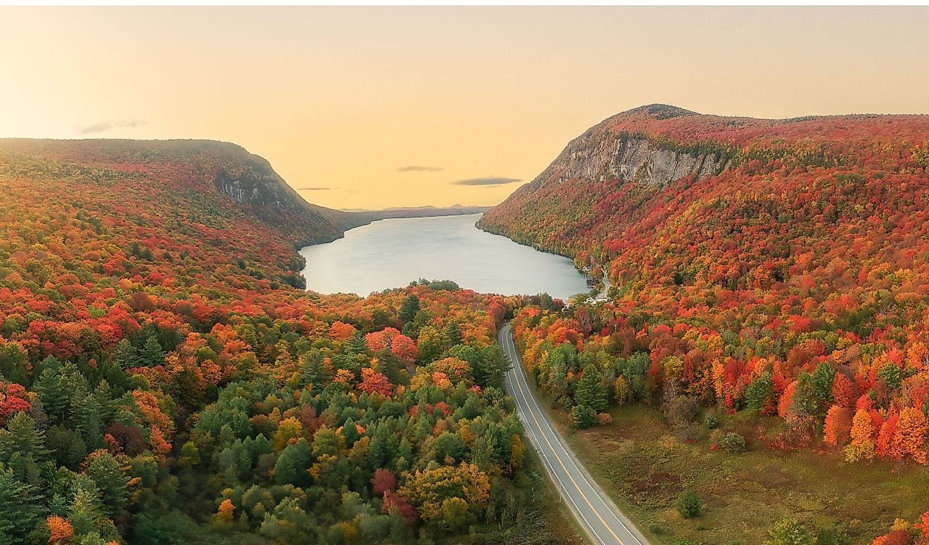 Epic aerial panorama of Lake Willoughby in Vermont at sunrise.