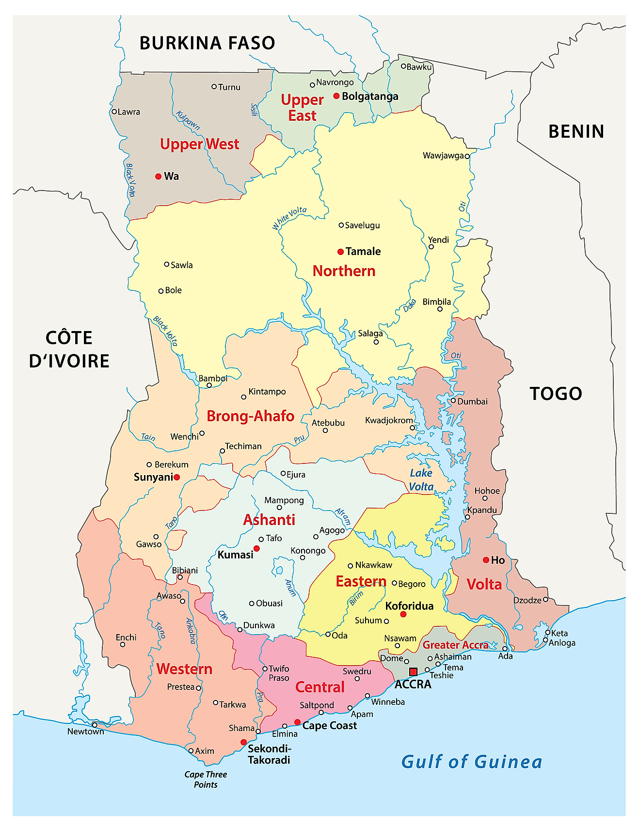 Map of Ghana showing major rivers and water bodies in Ghana