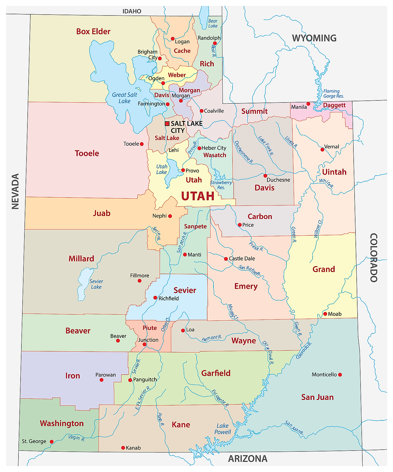 خريطة إدارية لولاية يوتا تُظهر مقاطعاتها الـ 29 والعاصمة - مدينة سالت ليك