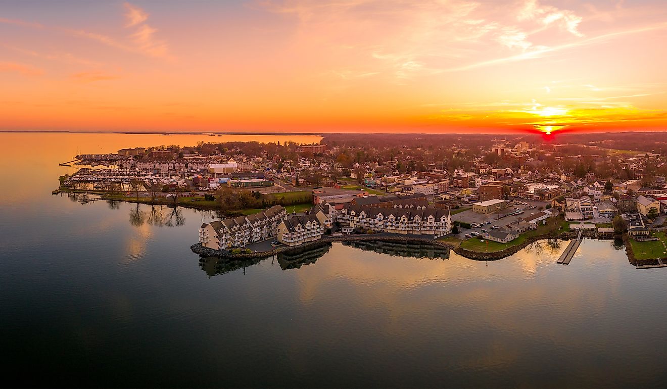 Aerial sunset panorama of Havre de Grace in Harford County, Maryland.