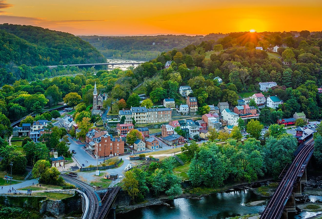 Sunset view of Harpers Ferry, West Virginia from Maryland Heights