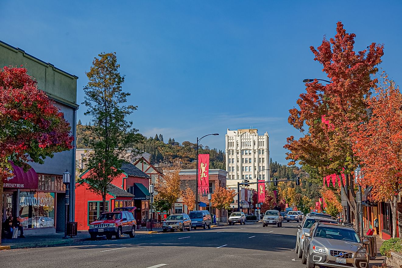 Fall colors in downtown Ashland, Oregon during peak fall season, via fdastudillo / iStock.com