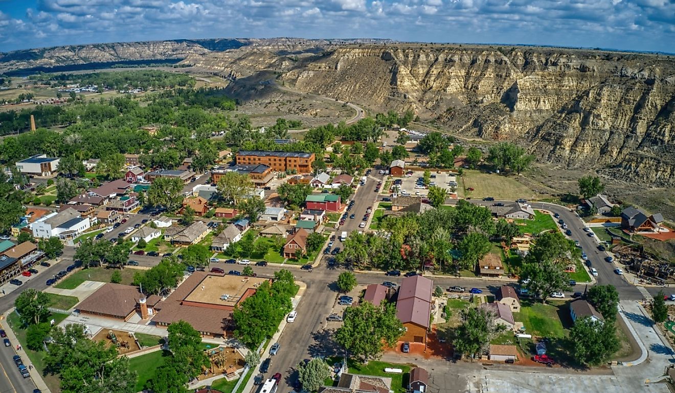 Aerial view of Medora, North Dakota, outside of Theodore Roosevelt National Park