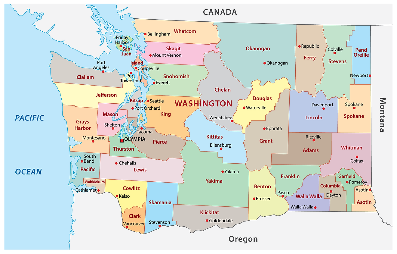 Administrative Map of Washington showing its 39 counties and the capital city - Olympia