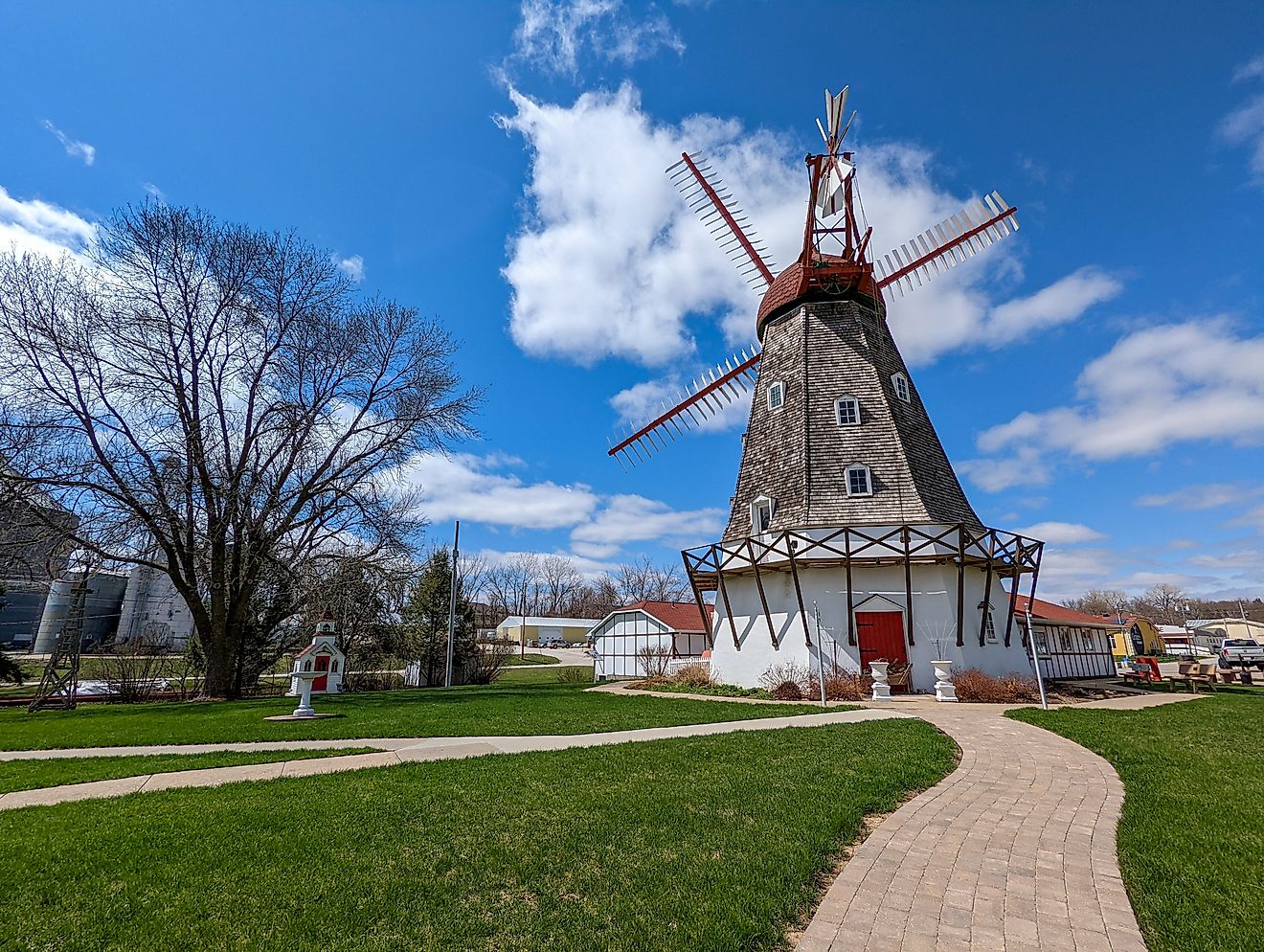 View of a rustic Danish windmill and walking path in the town of Elk Horn, Iowa.