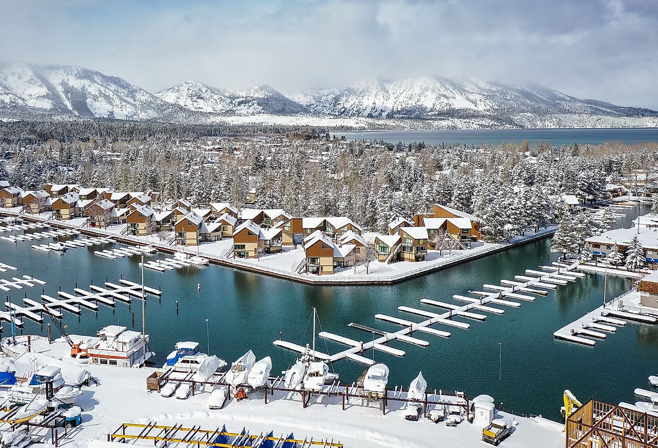 South Lake Tahoe After Winter Snow Storm, Tahoe Keys, California.