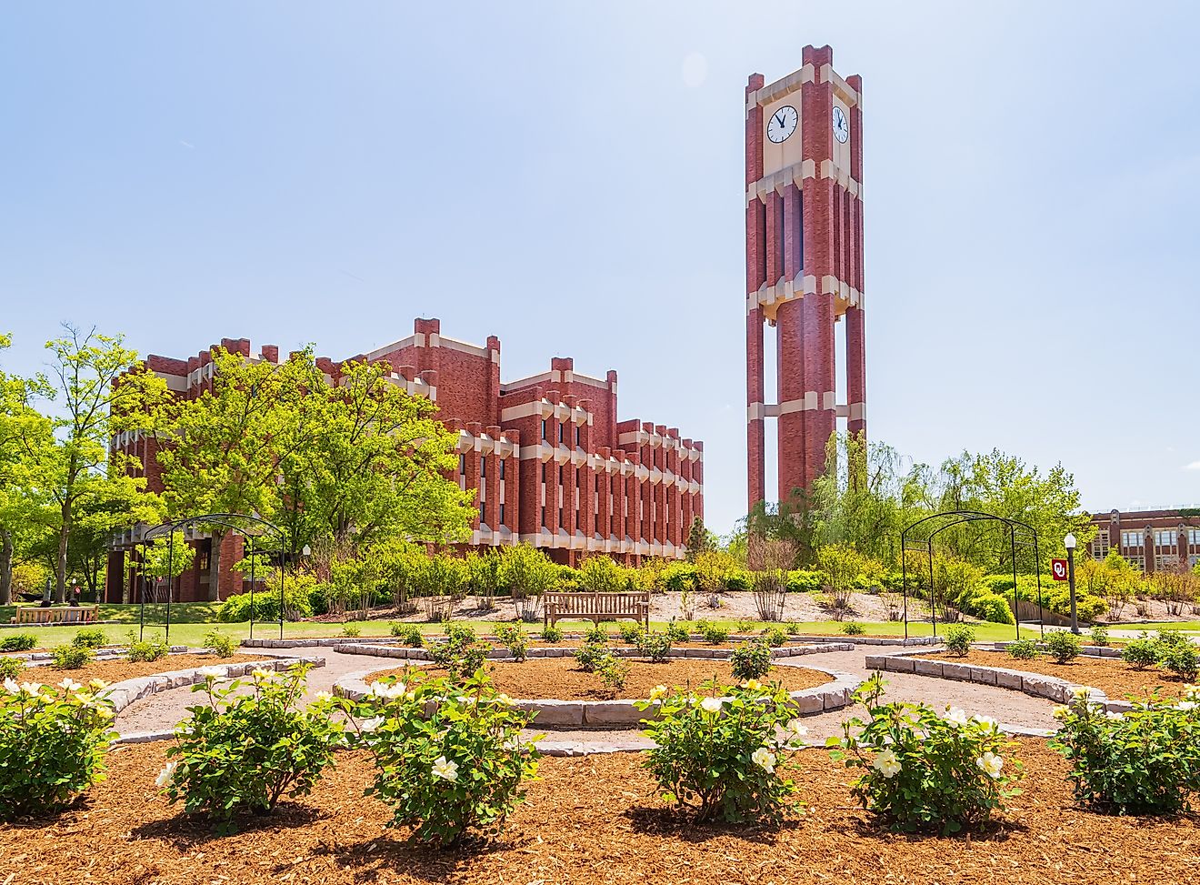 A bright, sunny view of the University of Oklahoma campus in Norman, Oklahoma