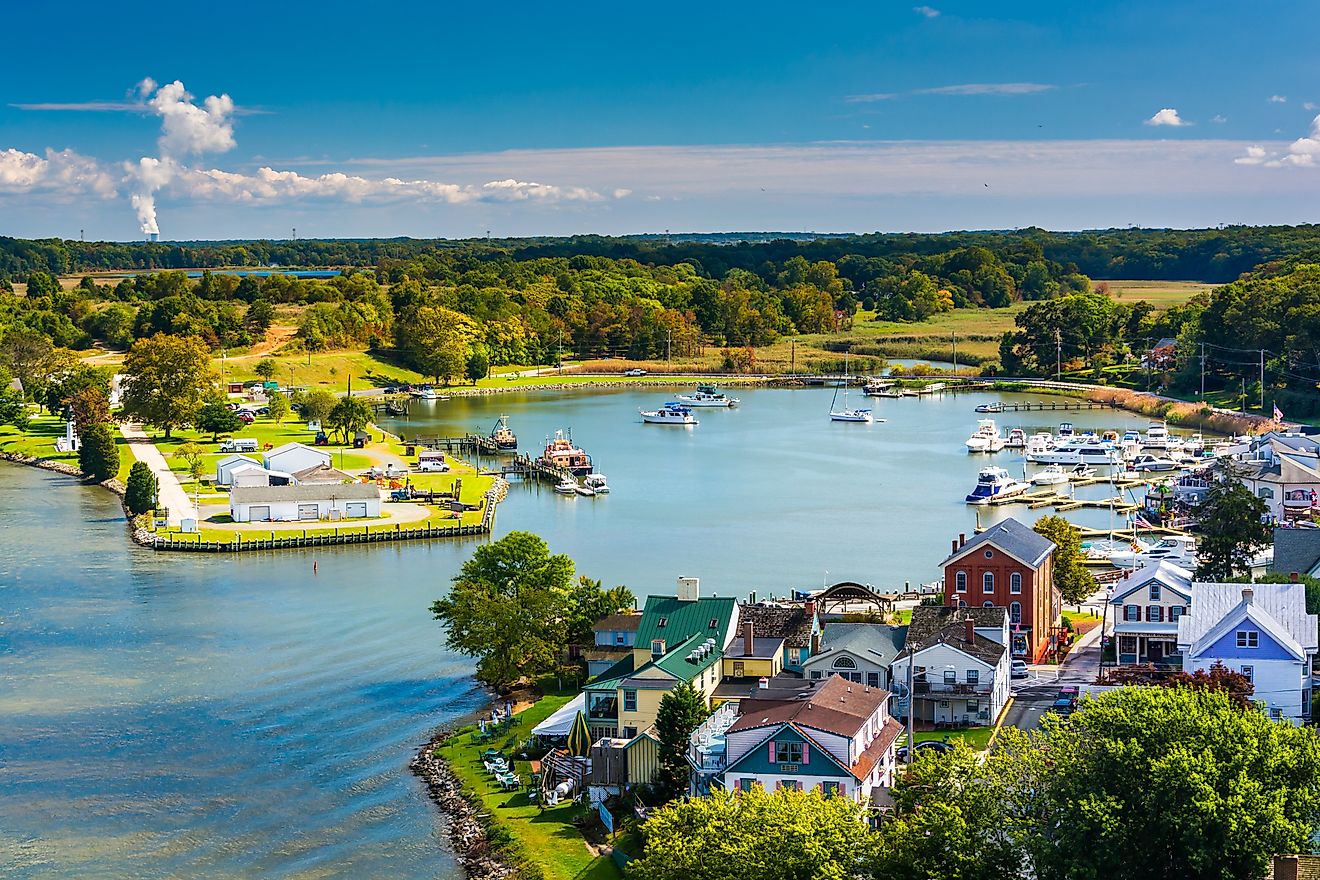 View of Chesapeake City from the Chesapeake City Bridge in Maryland.