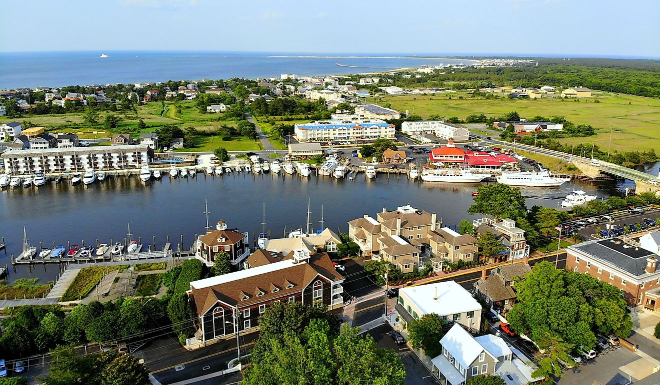 The aerial view of the Lewes, Delaware, fishing port and waterfront residential homes along the canal. Editorial credit: Khairil Azhar Junos / Shutterstock.com