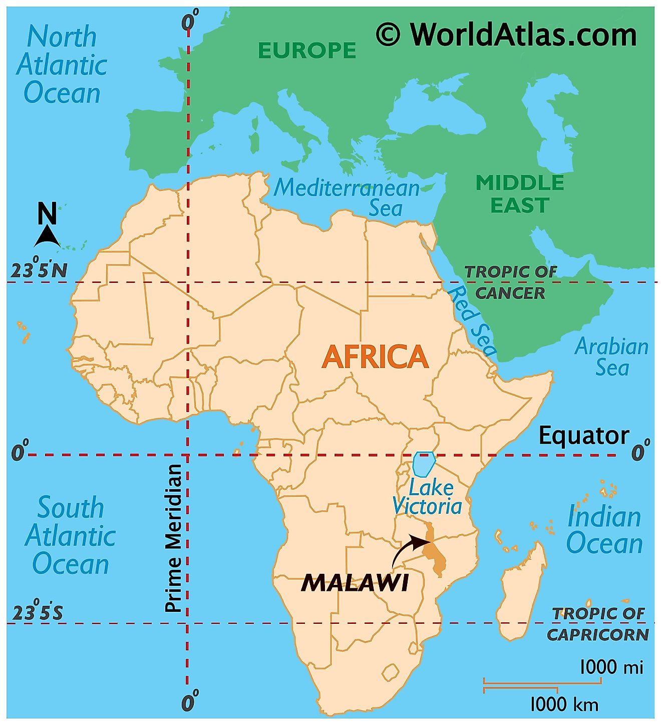 Map showing location of Malawi in the world.