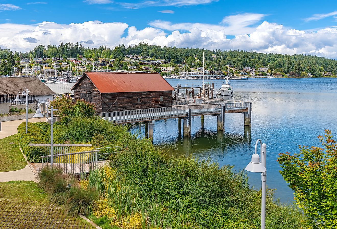 Gig Harbor, Washington, sailboats and the surrounding landscape.