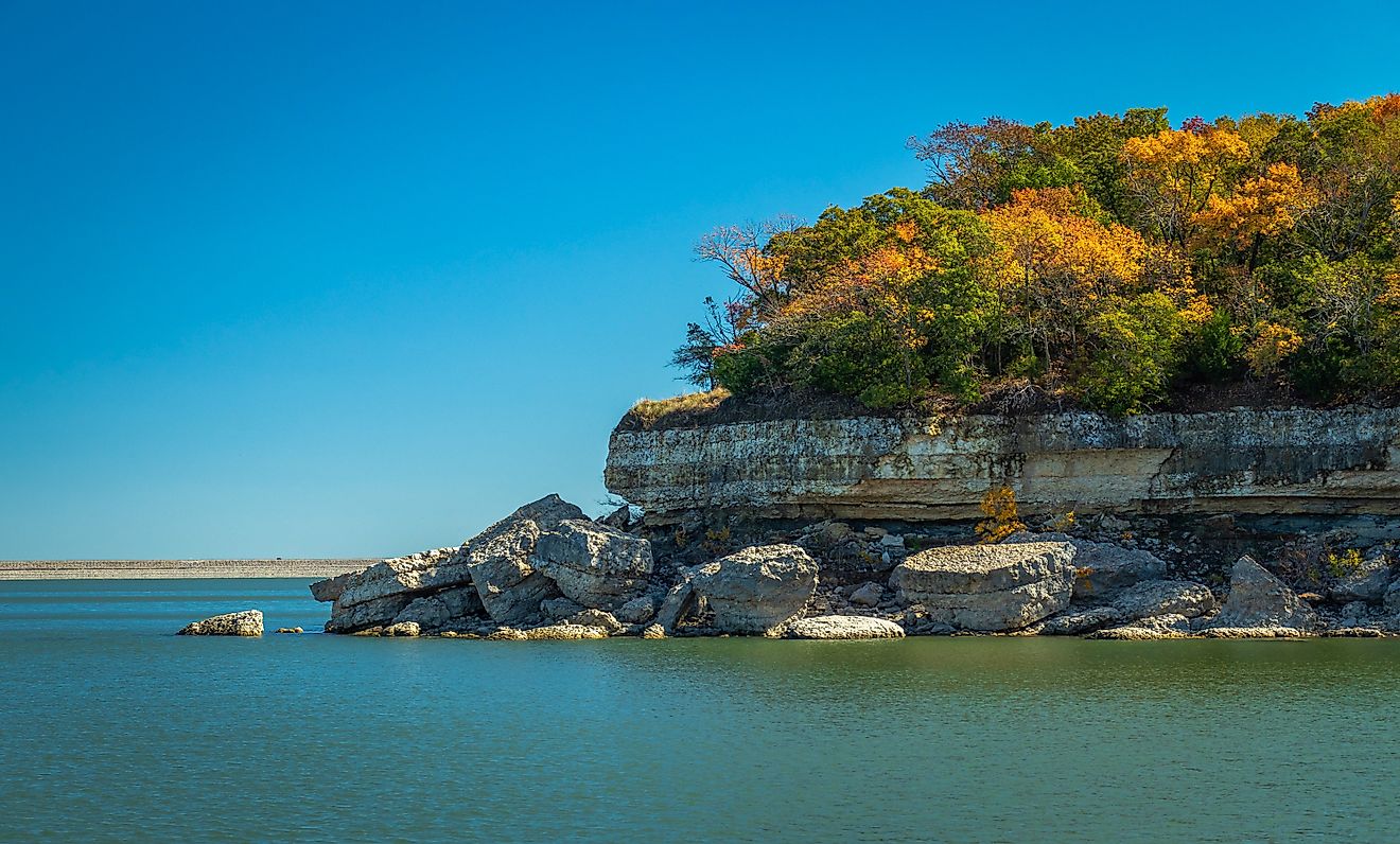 Fall foliage along a cliff on Lake Texoma in Texas. 