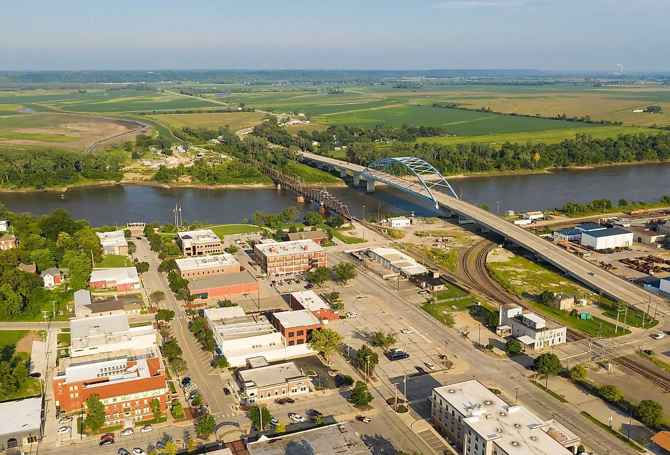 Aerial view over downtown city center of Atchison, Kansas in mid morning light.