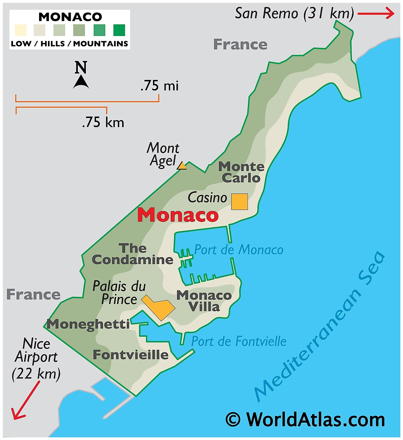 Mapa Físico de Mónaco que muestra el relieve, la costa, los puertos, los centros urbanos importantes, el punto más alto de Mont Agel y el Casino.
