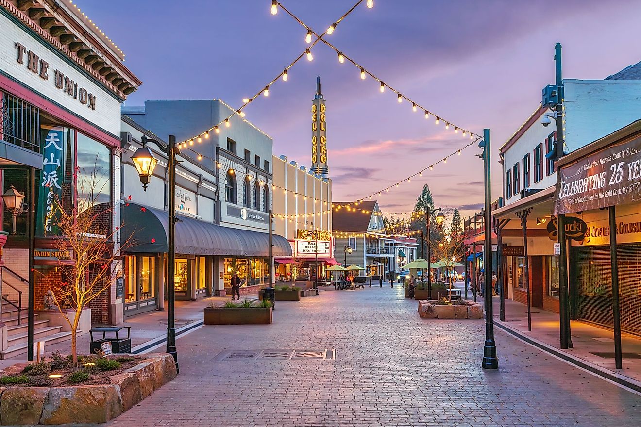 The Plaza on Mill Street at dusk Grass Valley, California. Image credit Cavan-Images via Shutterstock