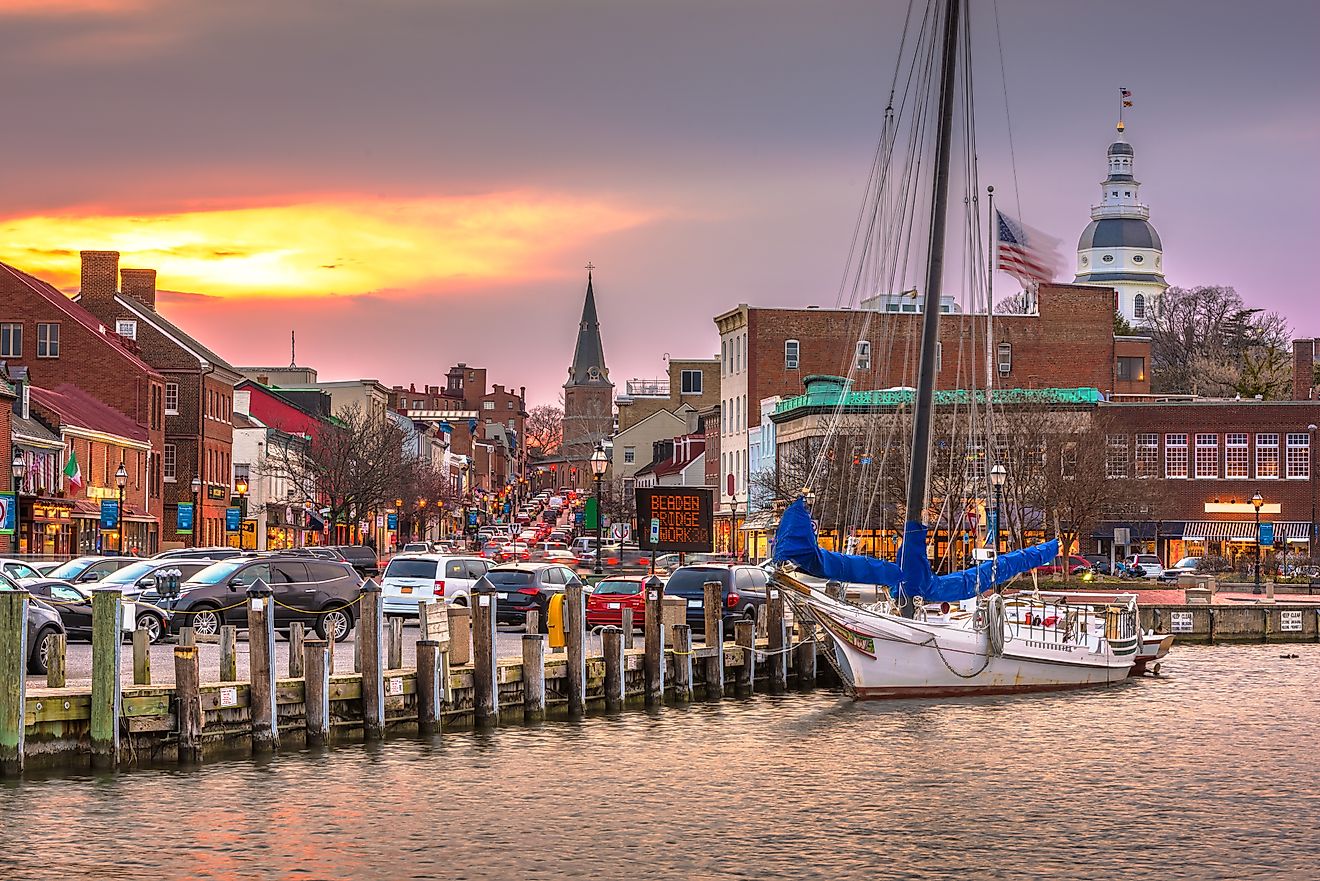 Annapolis, Maryland, USA, seen from Annapolis Harbor at dusk.