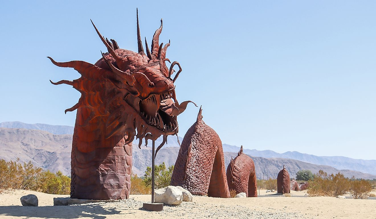 A dragon sculpture in the Galleta Meadow in the Borrego Springs desert in California. Editorial credit: Rosamar / Shutterstock.com.