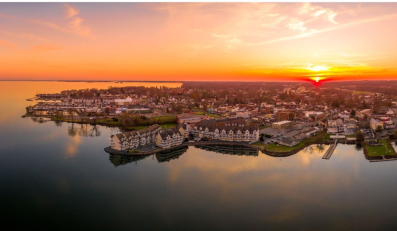 Aerial sunset panorama of Havre De Grace Harford County, Maryland, United States, situated at the mouth of the Susquehanna River and the head of Chesapeake Bay one of the best American small towns.