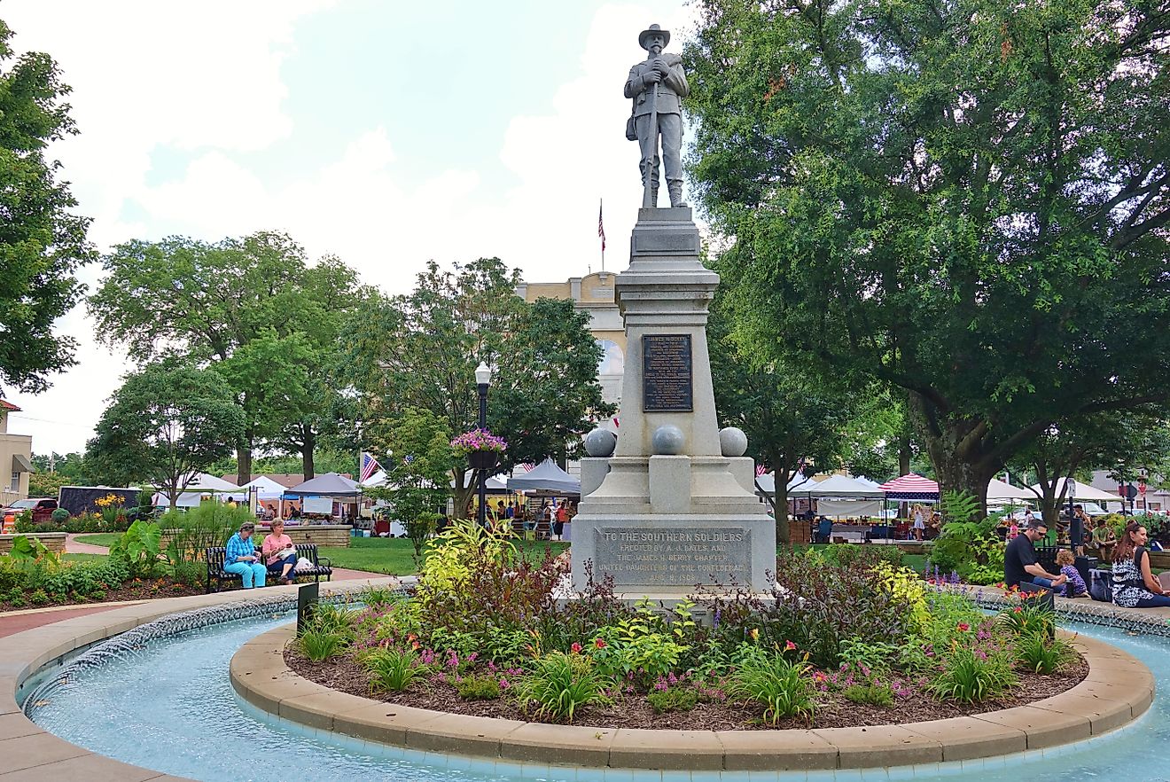 View of the Bentonville Confederate Monument, a granite statue of a Confederate soldier located in downtown. Editorial credit: EQRoy / Shutterstock.com. 