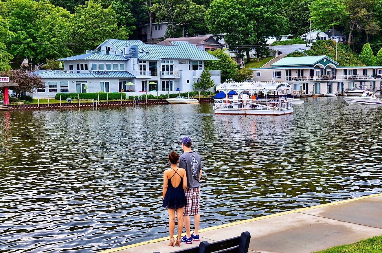 Saugatuck, Michigan, US-July 2, 2017: Waterfront buildings near the entrance to the Oval Beach on Lake Michigan. Editorial credit: PQK / Shutterstock.com