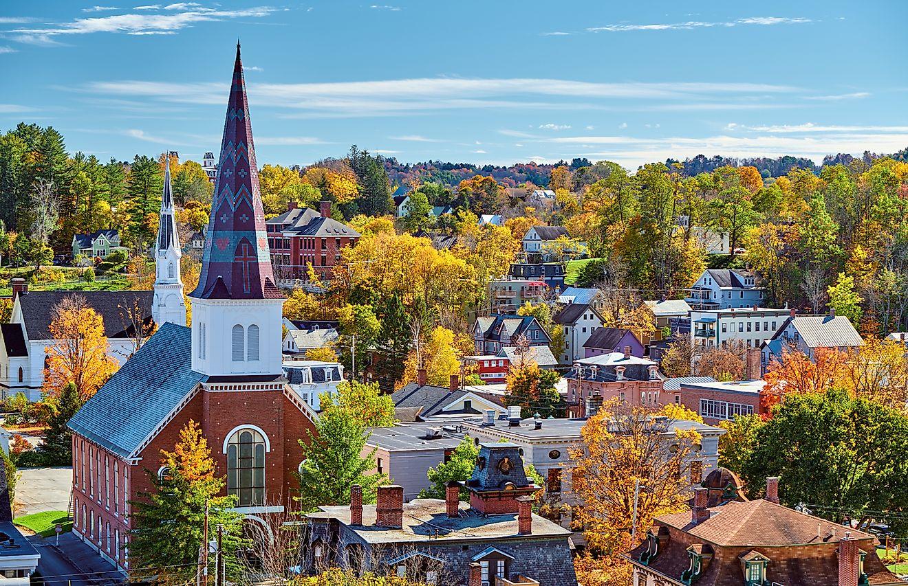 Autumn skyline of Montpelier, Vermont, USA, showcasing the town's charm and foliage.