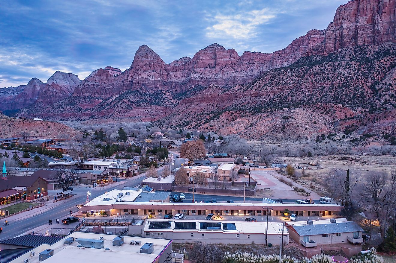 Aerial view of Springdale, Utah and the surrounding Zion National Park. Editorial credit: Manuela Durson / Shutterstock.com